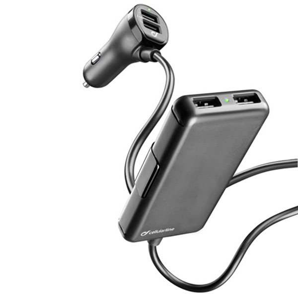 Autoladegerät mit zwei USB-Anschlüssen und einer schwarzen Powerbank, Ladekabel.