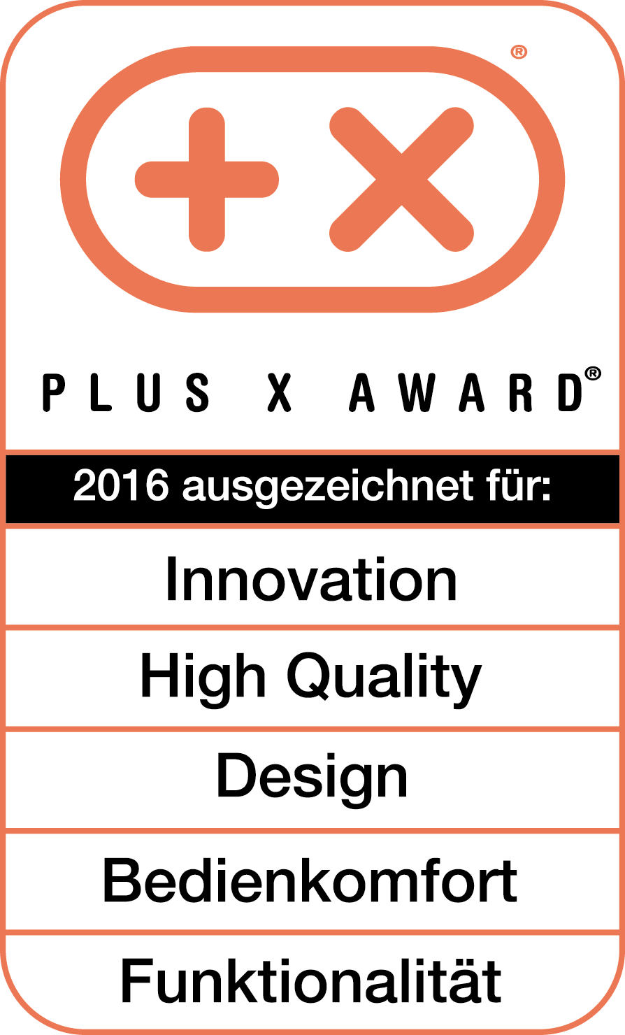 Orange Plus X Award mit Plus- und X-Symbol und Kategorien für Innovation, hohe Qualität usw.