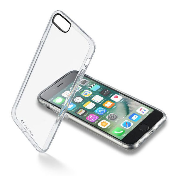 Transparente Handyhülle mit Telefon, Handyhülle und Telefon vor weißem Hintergrund.