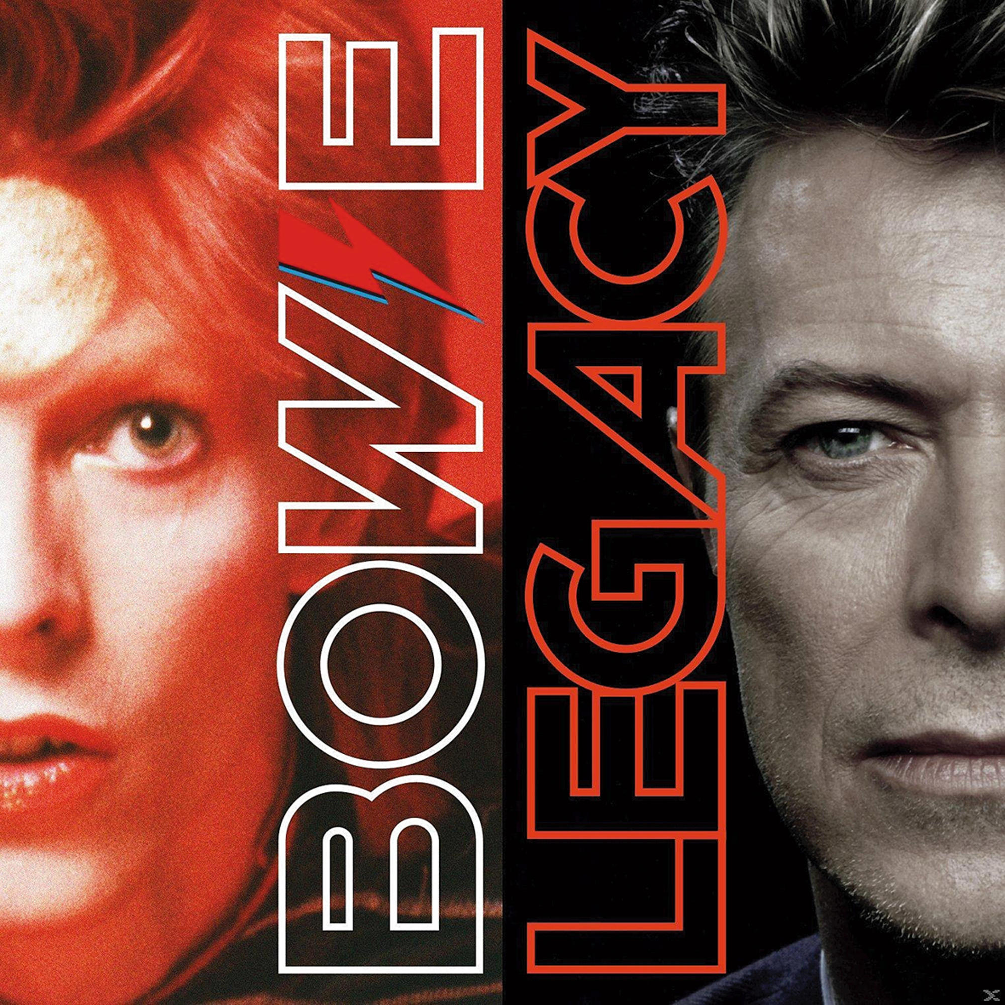 Pochette d'album. Visage de David Bowie divisé. Texte : Bowie Legacy. Palette de couleurs rouge et noir.