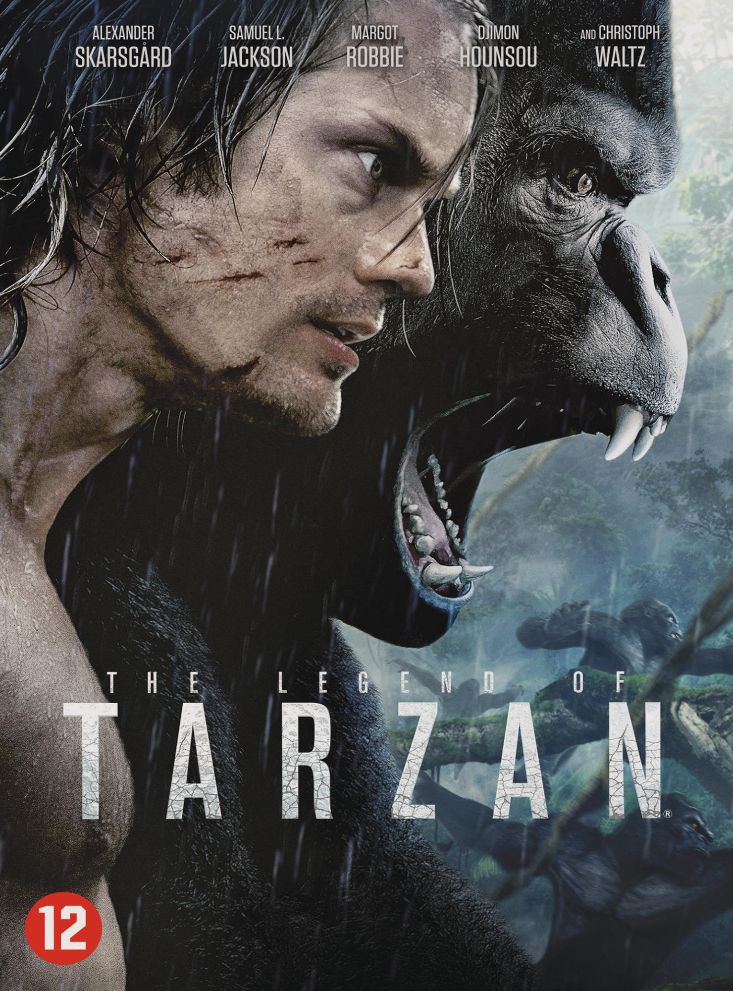 Affiche de film : La Légende de Tarzan. Tarzan et un gorille s'affrontent dans un cadre de jungle.