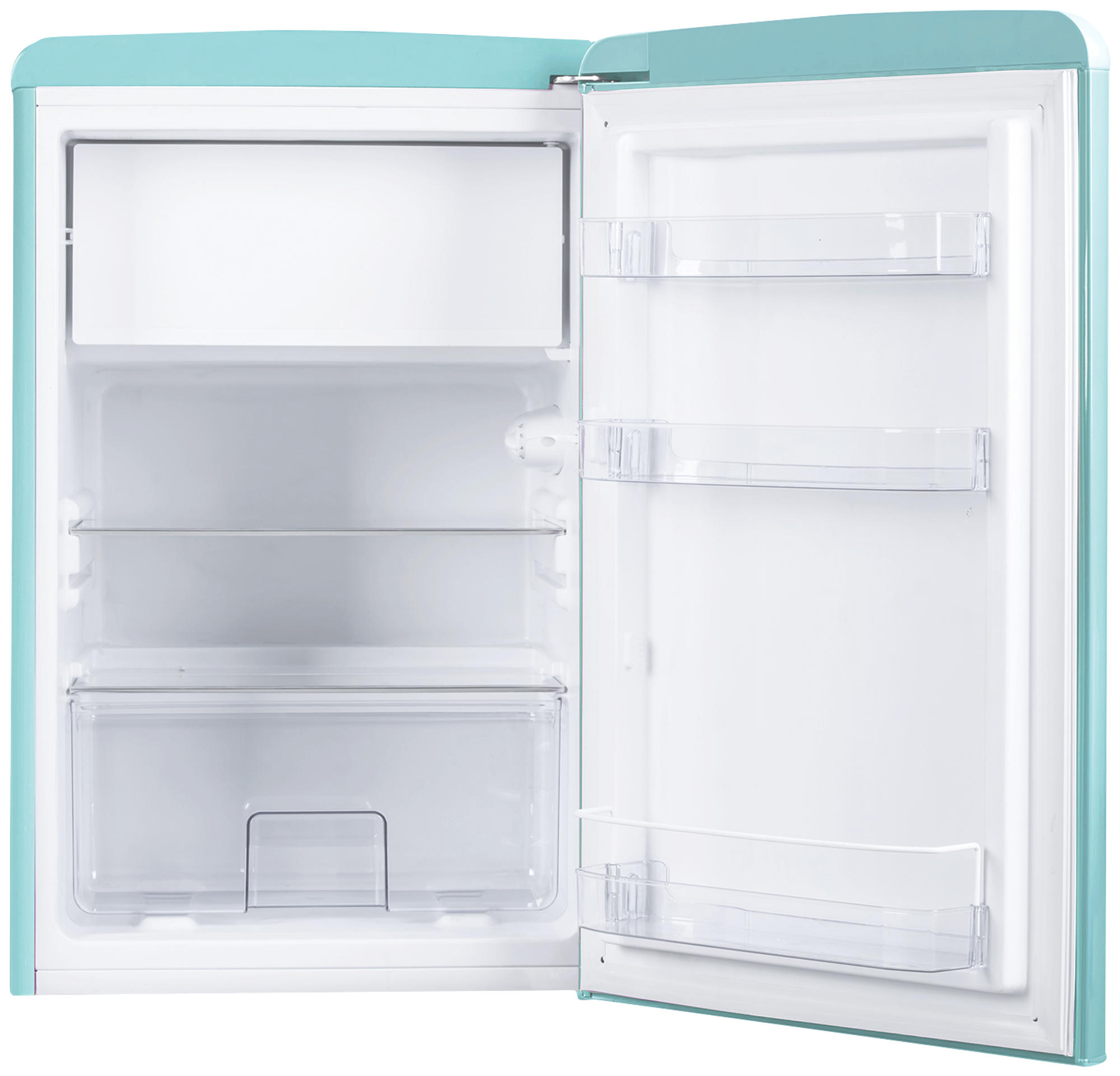 Leerer türkisfarbener Retro-Kühlschrank mit offener Tür, Regalen und Schublade sichtbar.