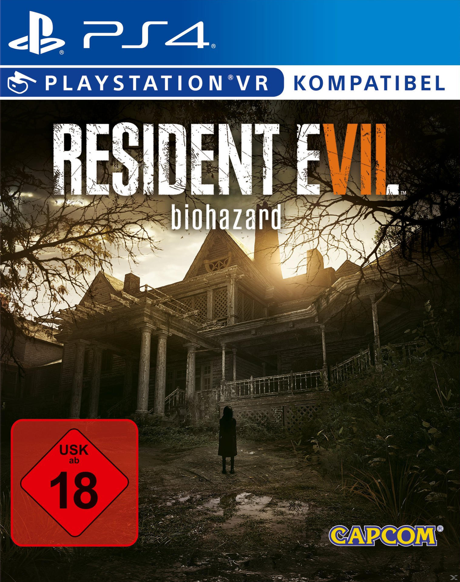 Resident Evil VII-Spielcover, ein unheimliches Haus, eine Figur davor, mit rotem USK 18-Aufkleber.