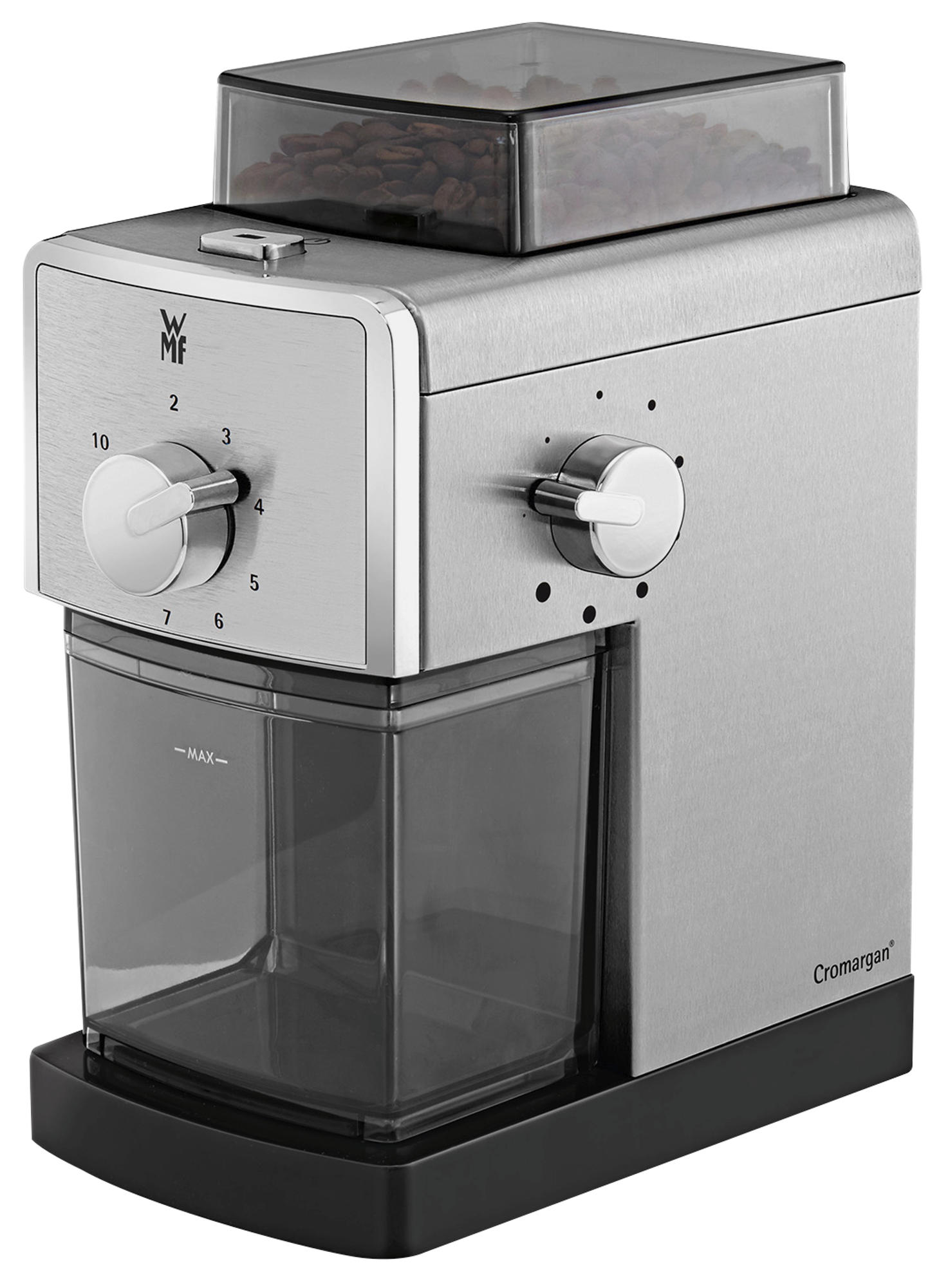 Eine Kaffeemühle aus Edelstahl mit einem Bohnenbehälter oben und einem Behälter für gemahlenen Kaffee unten.