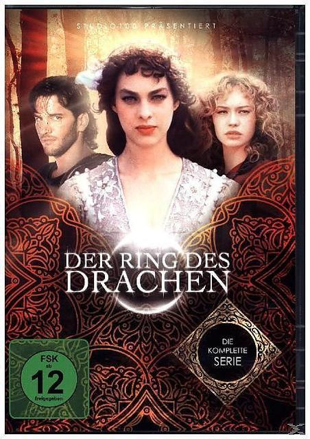 DVD-Cover von 'Der Ring des Drachen'. Drei Personen im Vordergrund. Verziertes Design. FSK 12 Bewertung. Text: 'DIE KOMPLETTE SERIE'.