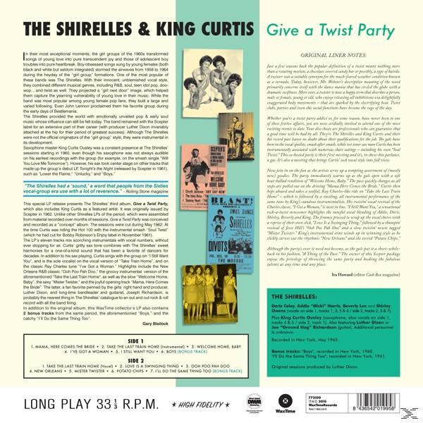 Das Albumcover von The Shirelles und King Curtis Give a Twist Party mit Text und Bildern auf weißem Hintergrund.
