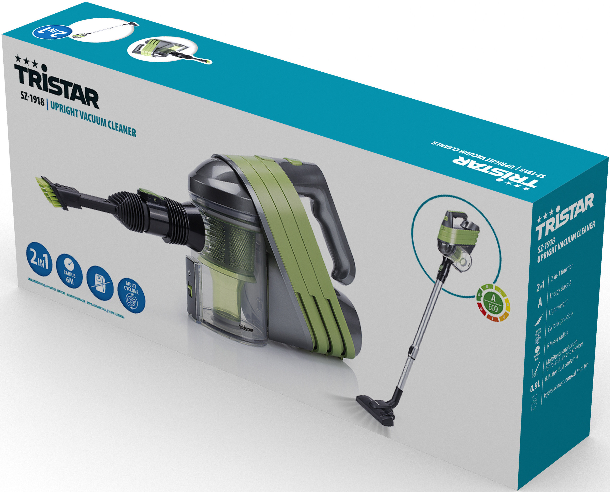 Stofzuigerdoos met een stofzuiger en tekst, groene en witte kleuren.