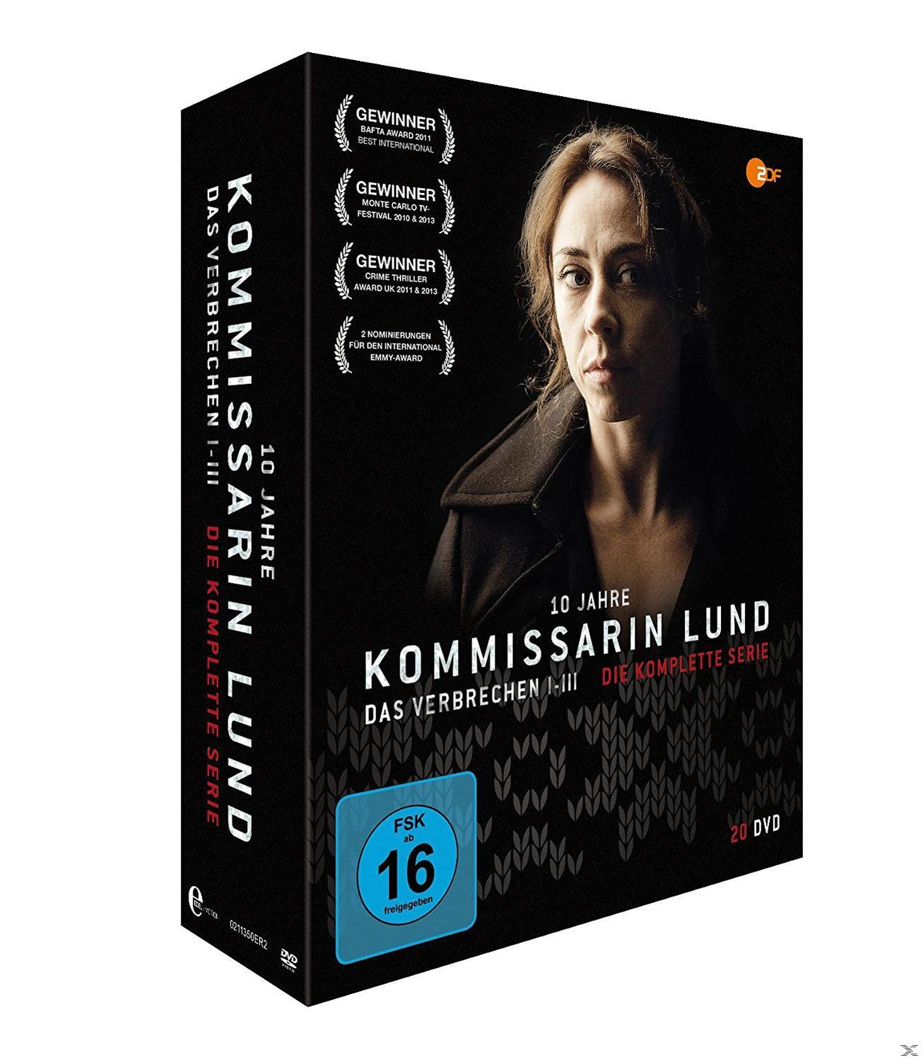 Box-Set von Kommissar Lund, Serie I-III, mit Porträt einer Frau.