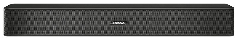 Een zwarte soundbar-luidspreker met het 'BOSE'-logo in het midden, rechthoekig van vorm, op een witte achtergrond.