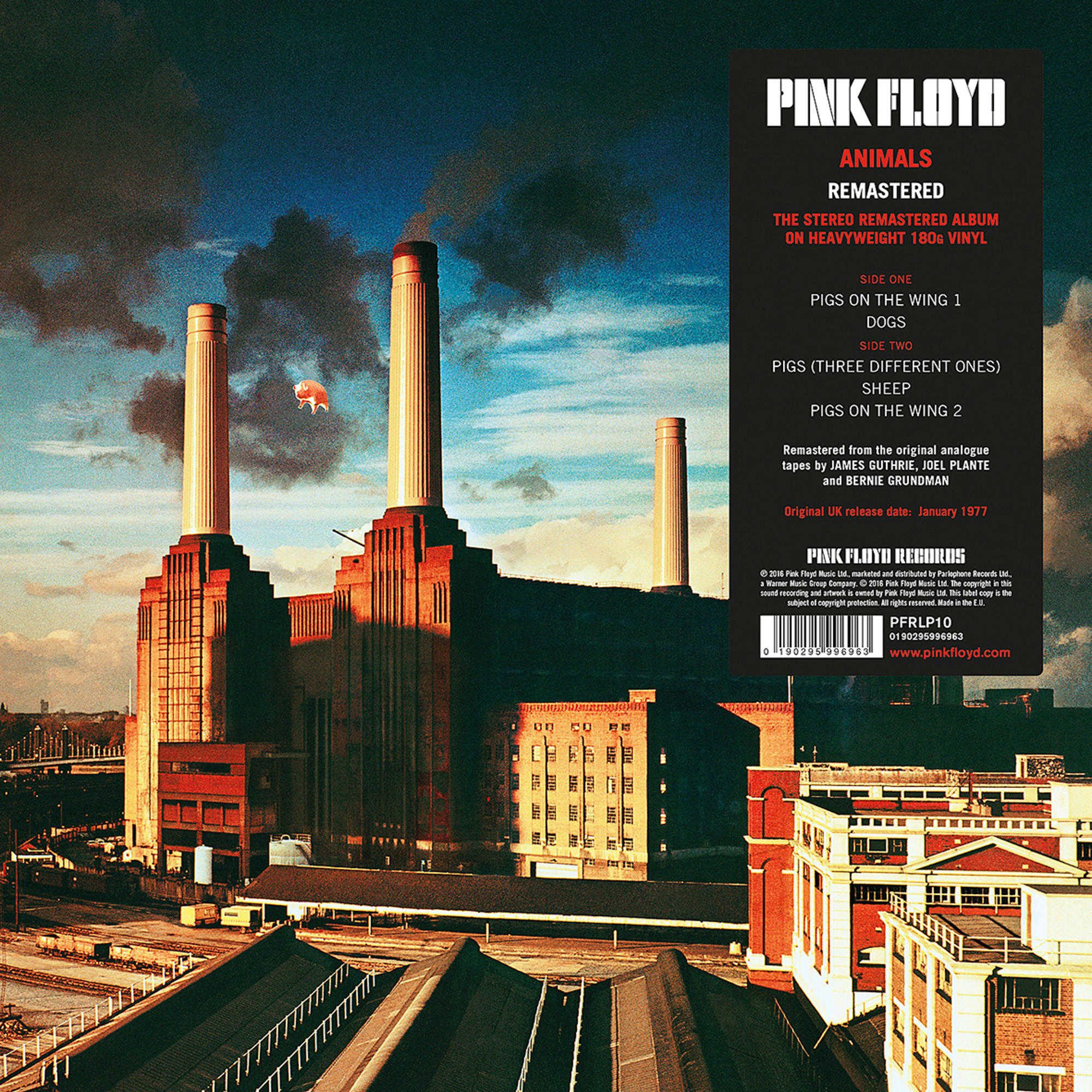 De albumhoes 'Animals' van Pink Floyd. Toont de Battersea Power Station met een varken dat erboven zweeft.