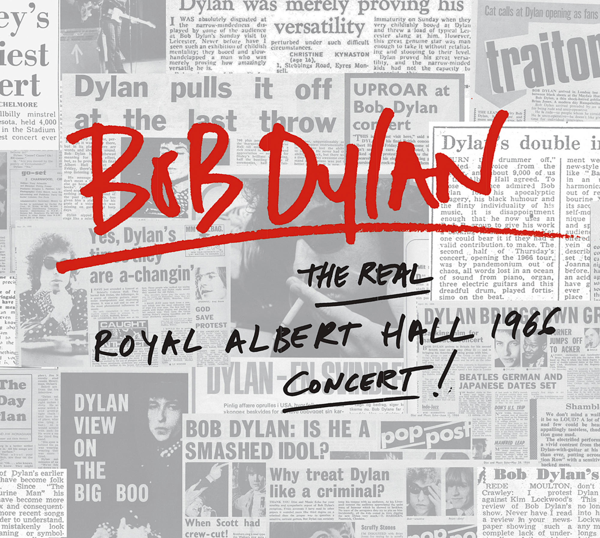 Eine Zeitung mit den Worten 'BOB DYLAN' in großen roten Buchstaben. Collage von Bildern.