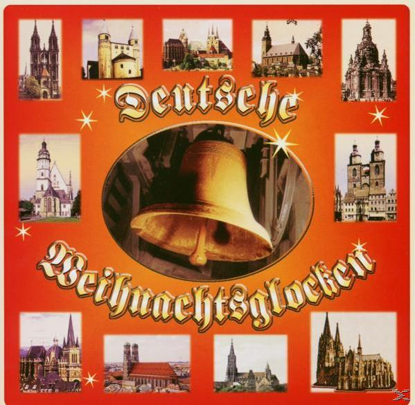 Weihnachtsglocken-Design. Eine goldene Glocke in der Mitte, umgeben von Gebäuden und Sternen.