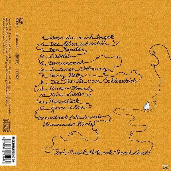 CD-Cover mit handschriftlichen Texten auf gelbem Hintergrund, mit Drahtzeichnung.