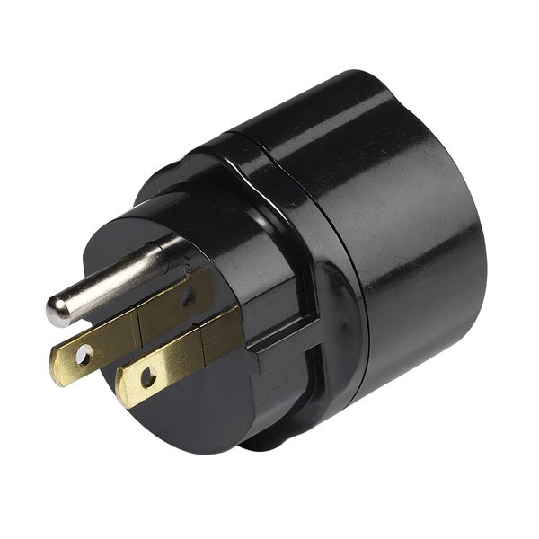 Schwarzer Elektro-Adapter mit drei Stiften und zwei Löchern.