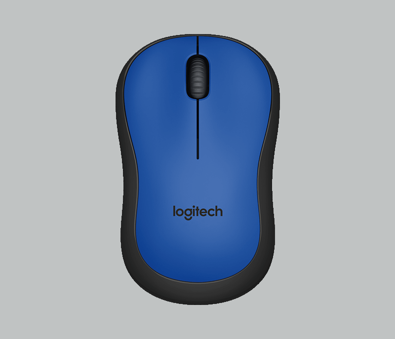 Gri arka plan üzerinde siyah Logitech fare, yukarıdan görünüm.