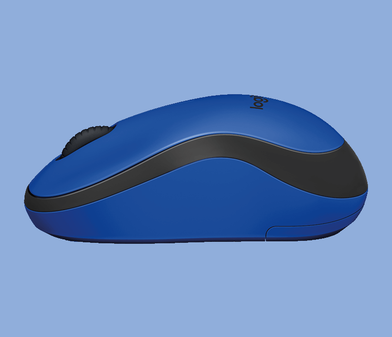 Gri bir Logitech bilgisayar faresi. Bir kaydırma tekerleği ve iki düğmesi vardır. Logitech logosu fare üzerinde.