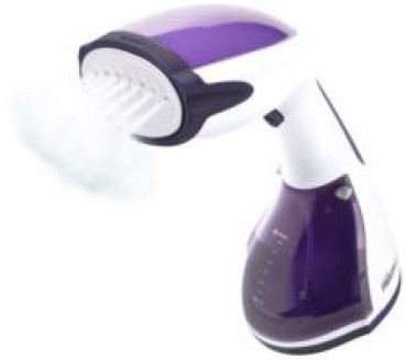 A white and purple handheld garment steamer with steam coming out. Isolated on white.