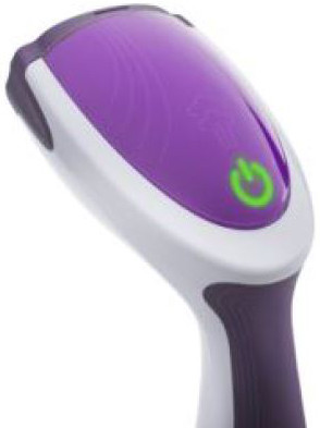 Purple and white electric steamer. It has a green power button. The handle is visible.