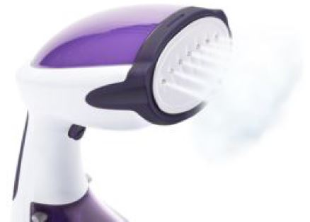 A white and purple handheld garment steamer. Steam is coming out of the head.