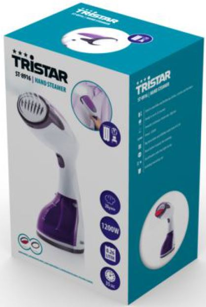Box for a Tristar hand steamer, white and purple steamer, with text and images.