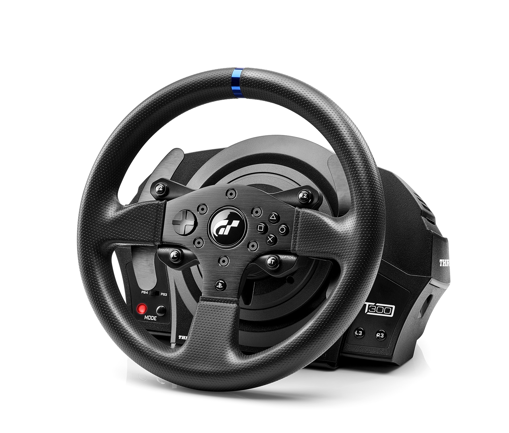 Zwart racestuur voor een videogame. Knoppen en logo's zijn zichtbaar.