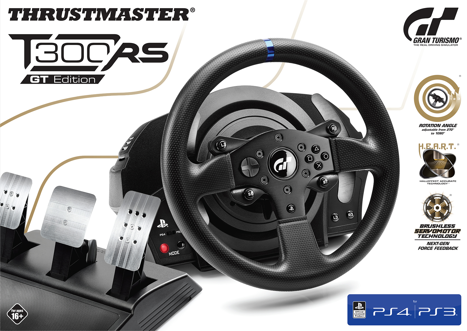 Een racestuur en pedaalset. Het stuur is zwart met diverse knoppen. PlayStation-logo aanwezig.