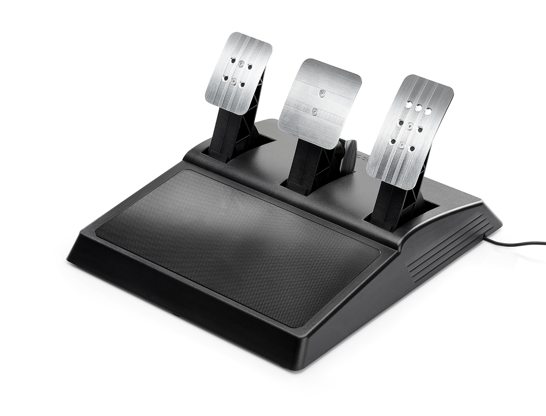 Gaming stuurwielpedalen. Drie zilveren metalen pedalen op een zwarte basis, schuin voor gebruik.