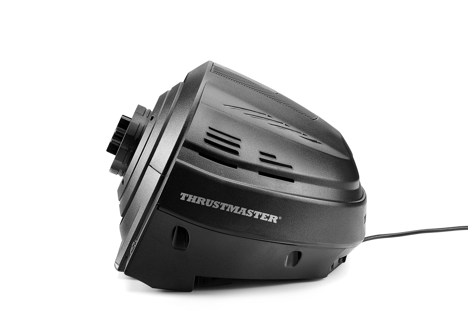 Zwarte Thrustmaster racestuurbasis, zijaanzicht. De merknaam is zichtbaar.