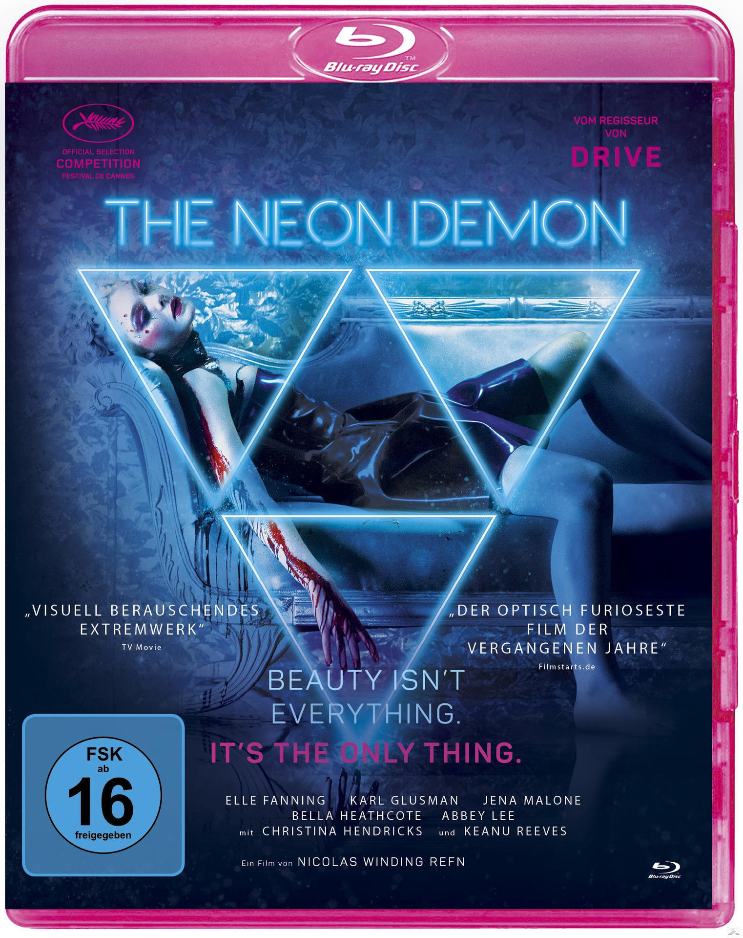 DVD-Cover für 'The Neon Demon', eine Frau mit Neonlichtern und Text.
