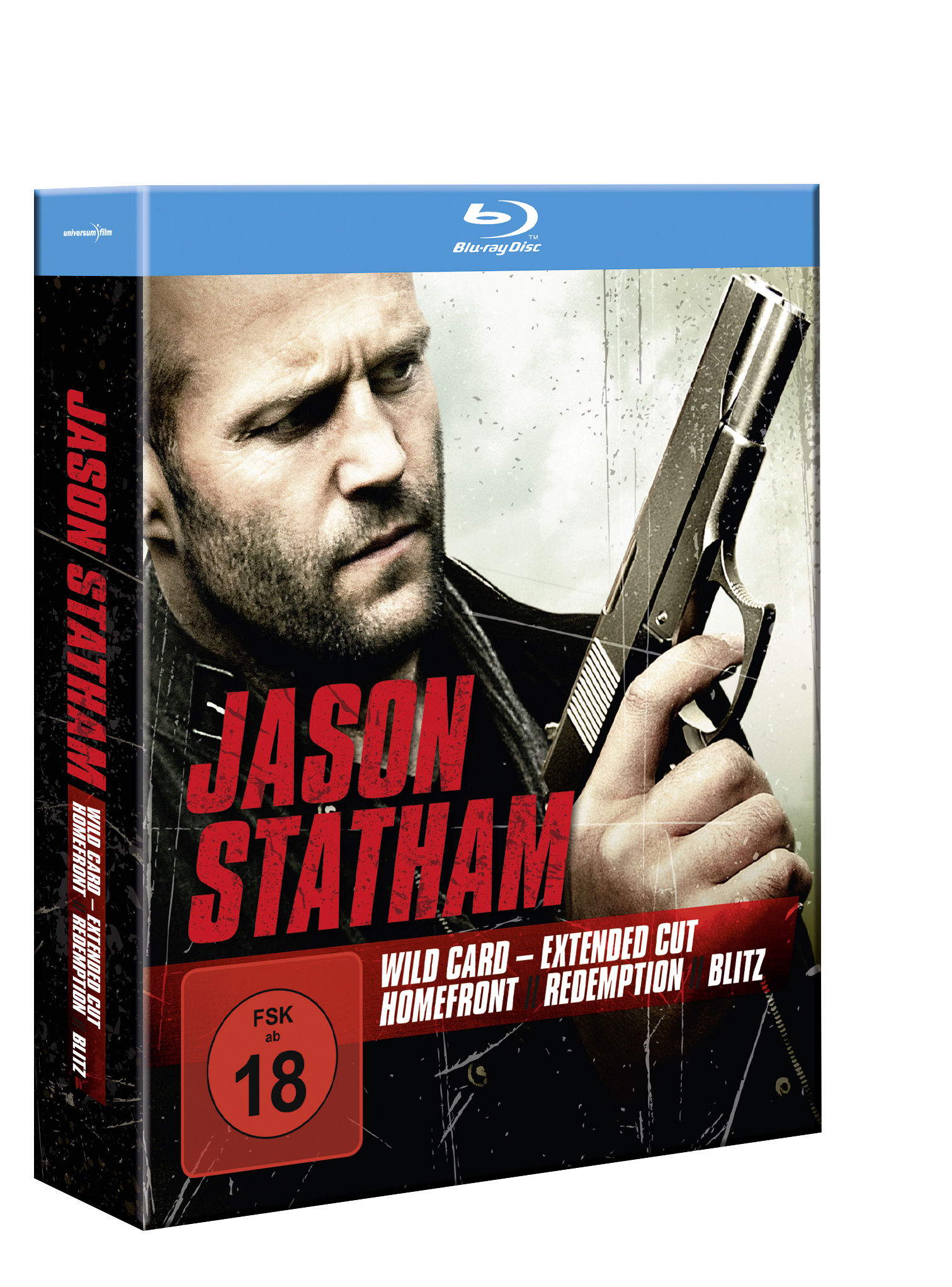 Filmcover mit Jason Statham, der eine Waffe hält, vor einem schwarz-weißen Hintergrund.