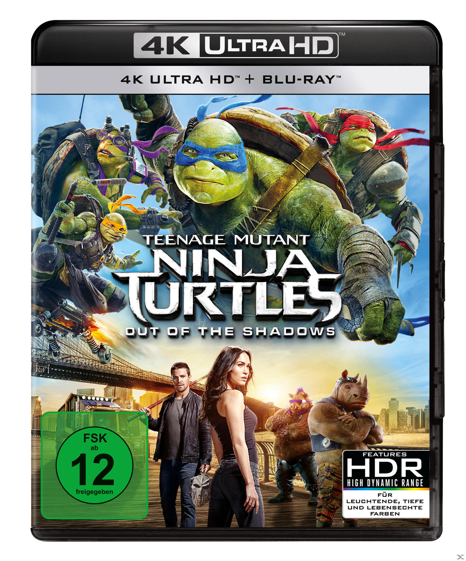 Teenage Mutant Ninja Turtles Blu-ray/4K UHD Cover. Schildkröten und Schauspieler.