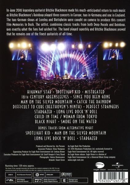 DVD-Hülle hinten mit Text über Ritchie Blackmores Rainbow Konzertfilm, mit einer Bühnenansicht.