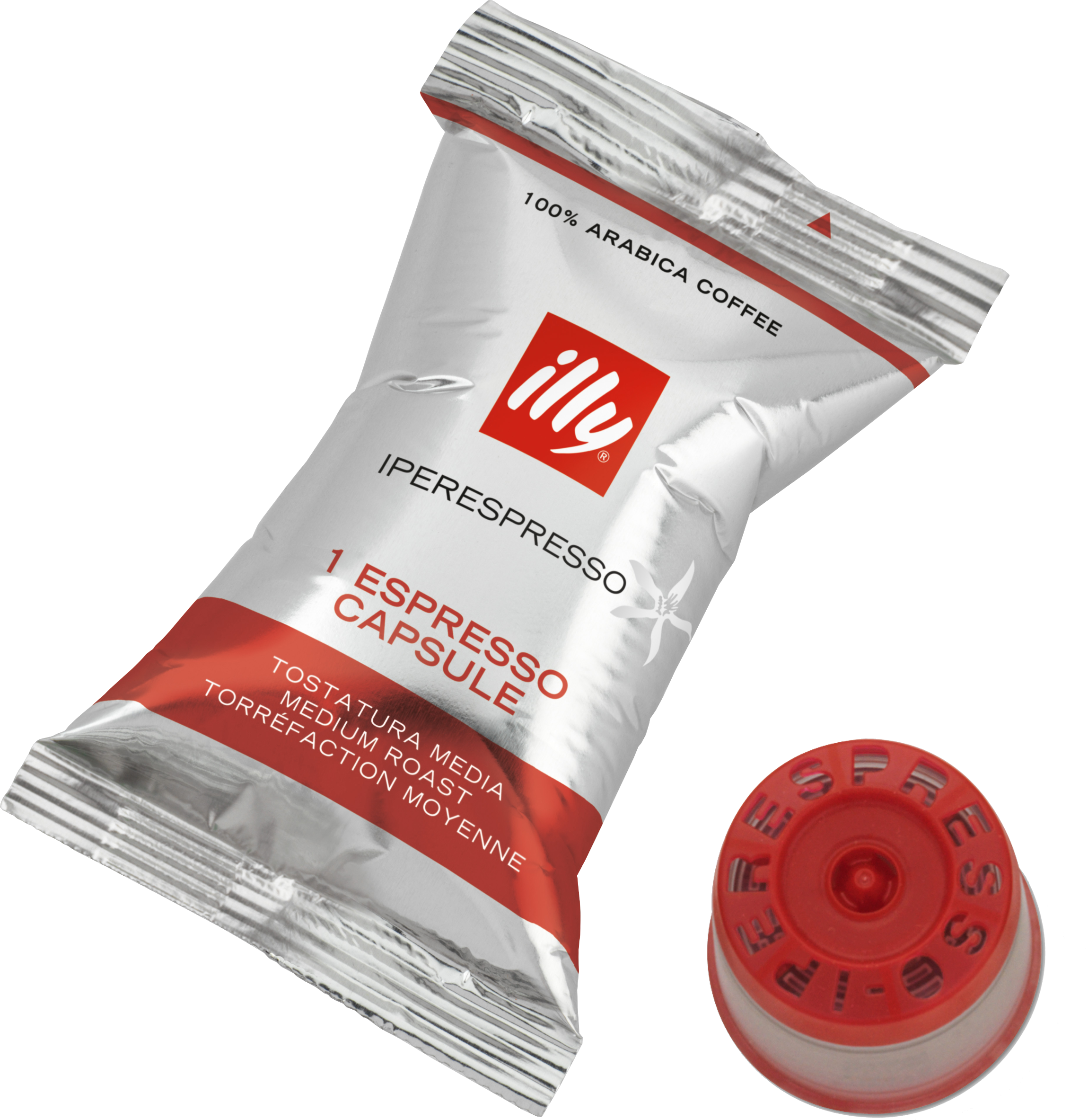 Illy iperespresso Kaffeekapsel. Silberne Verpackung mit rotem und weißem Branding und eine rote Kapsel.
