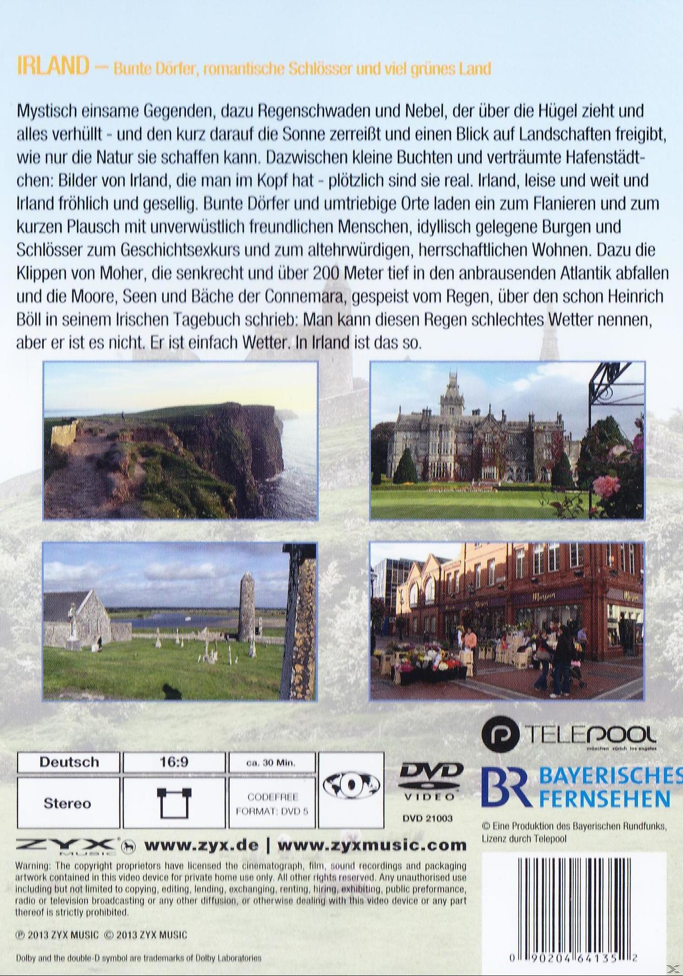 DVD-Cover, das die Landschaft Irlands zeigt. Enthält Fotos von Klippen, einem Schloss und mehr. Text auf Deutsch.