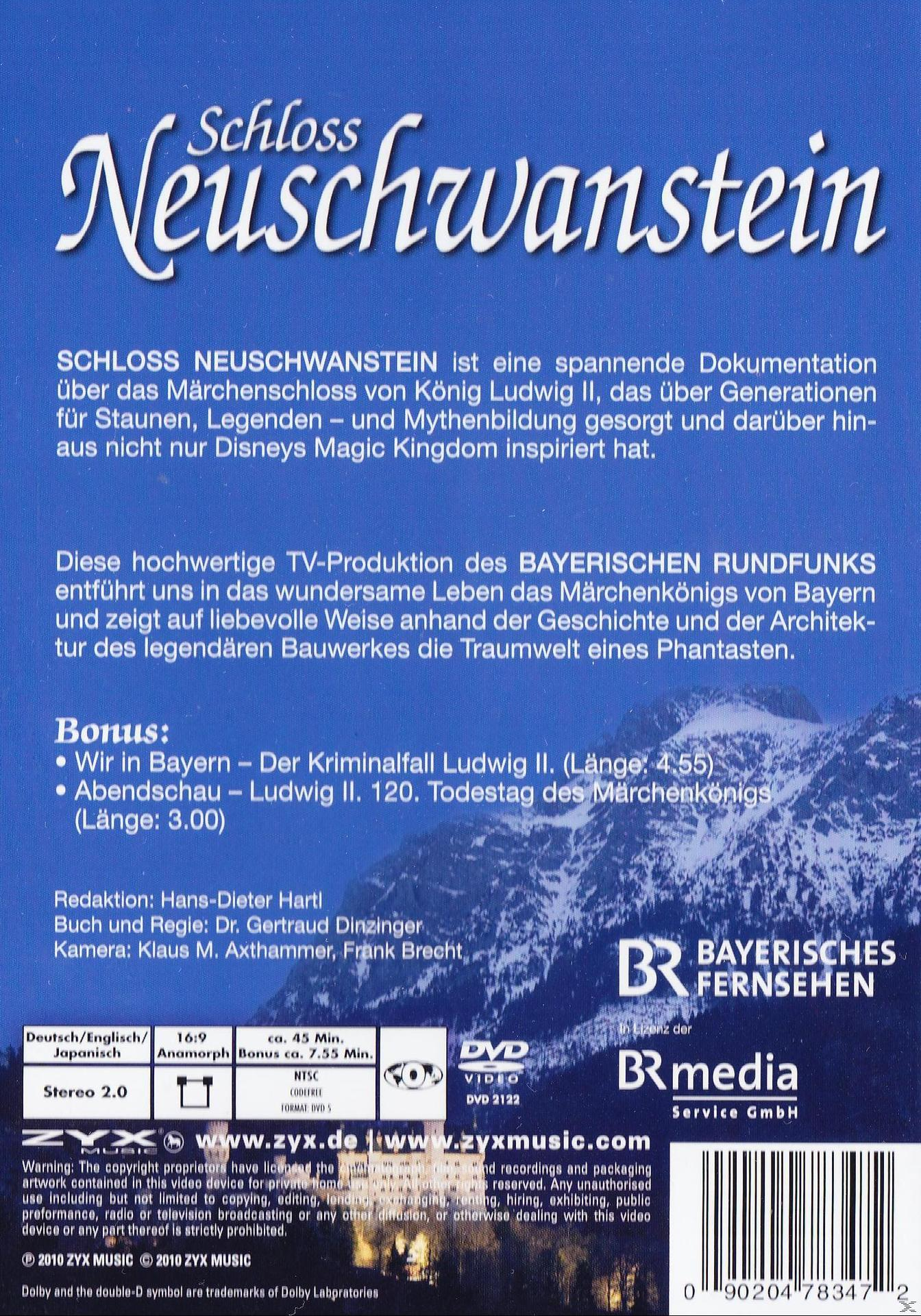DVD-Cover mit deutschem Text über Schloss Neuschwanstein, mit einer Berglandschaft und Text.