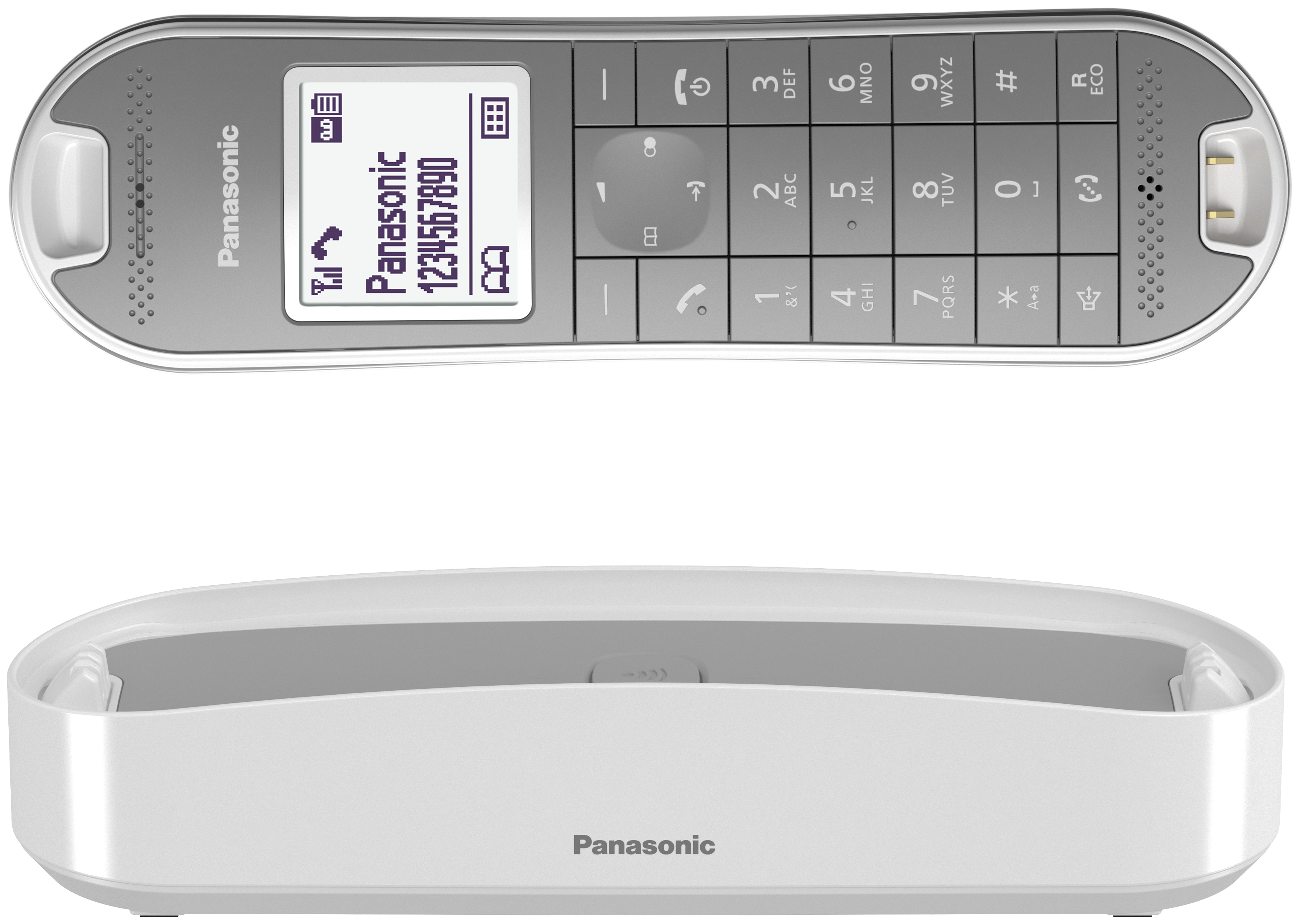 Weißes Panasonic-Telefon mit Hörer und Basisstation. Das Display zeigt eine Nummer an.
