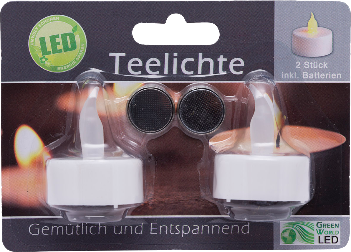Csomag két LED-es mécsessel és elemekkel. Szöveg: Teelichte.