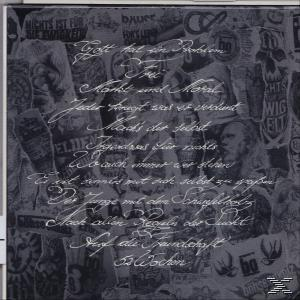 Textgefüllter, grauer Collage-Hintergrund mit handschriftlichem, weißem Text.