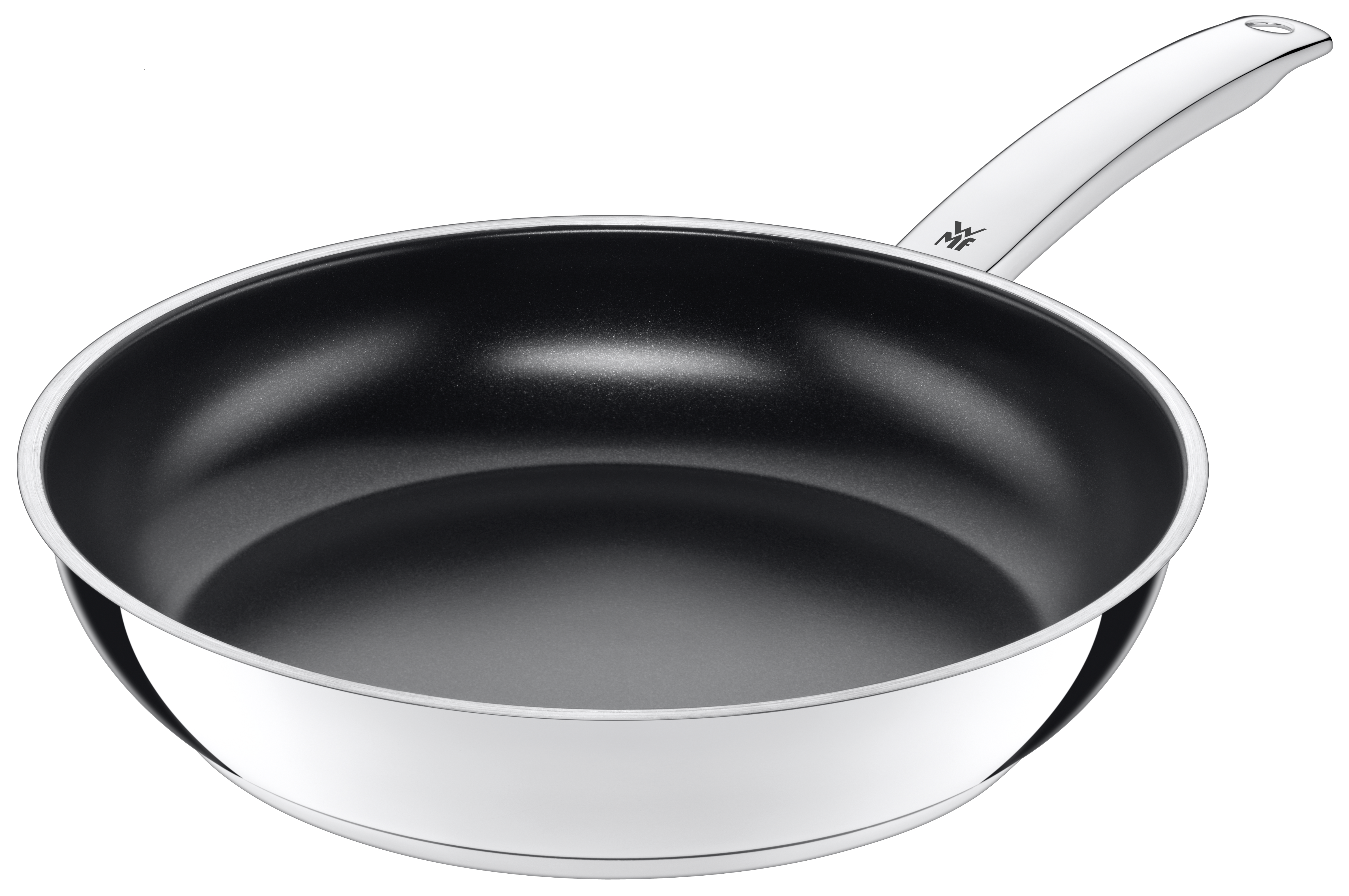 Eine Edelstahl-Bratpfanne mit Antihaft-Schwarz und einem langen Griff.