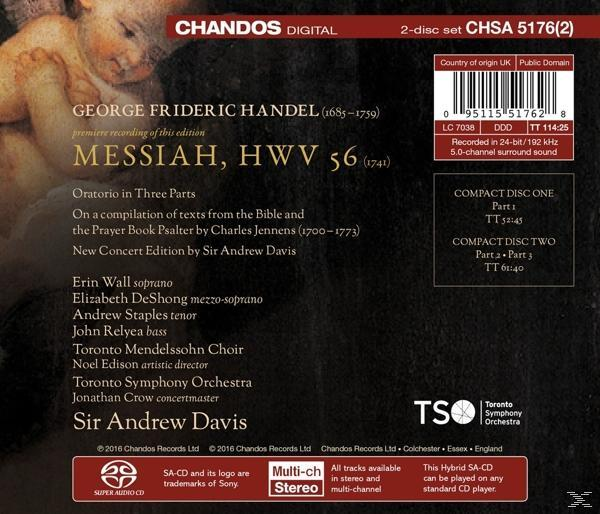 CD-Cover, schwarzer Hintergrund mit Text und Details zu George Frideric Händels 'Messias'.