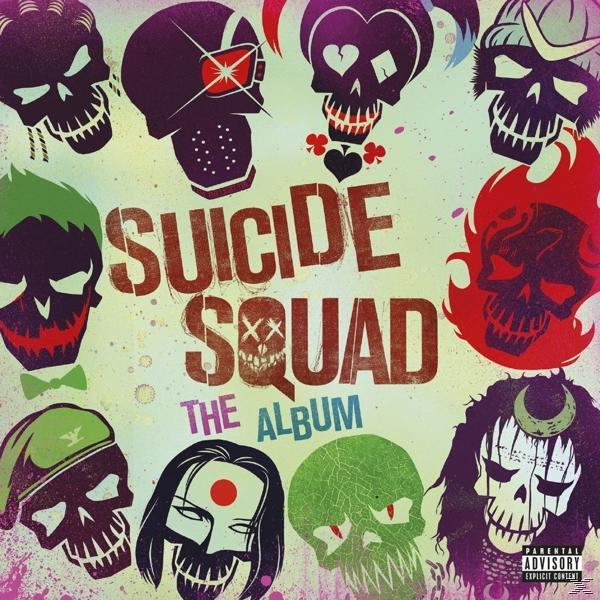 Albumcover für 'Suicide Squad The Album'. Zeigt verschiedene schädelgesichtige Charaktere in farbenfrohem Design.