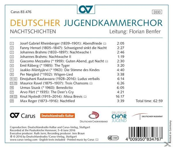 CD-Rückseite, deutscher Text, 'Deutscher Jugendkammerchor' Musikdetails.
