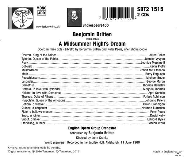 English Opera Group Orchestra, Alfred Deller, Kevin Platts, Marjorie Thomas, Jennifer Vyvyan - A Midsummer Night's Dream  - (CD)