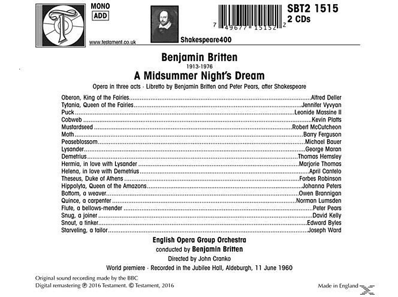 Thumbnail - English Opera Group Orchestra, Alfred Deller, Kevin Platts, Marjorie Thomas, Jennifer Vyvyan - A Midsummer Night's Dream...
