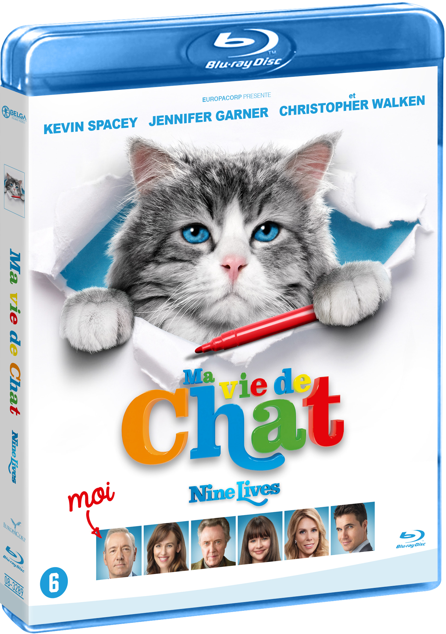 Blu-ray filmhoes met een kat die door papier breekt en portretten van acteurs.
