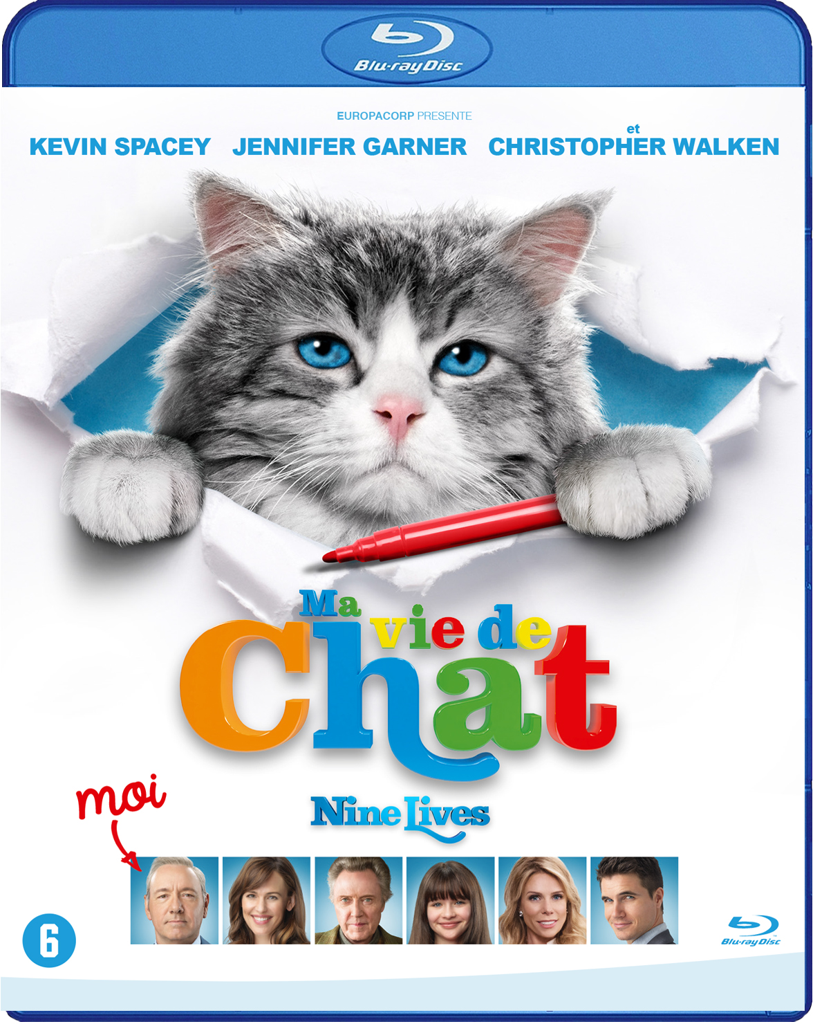 Blu-ray cover. Kat breekt door papier. Titel: Nine Lives.