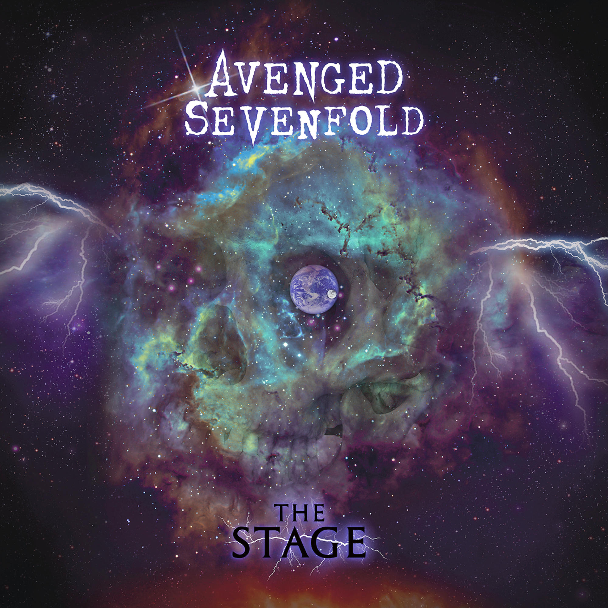 Albumcover mit einem Weltraum-Schädel. Der Titel ist 'The Stage' von Avenged Sevenfold.