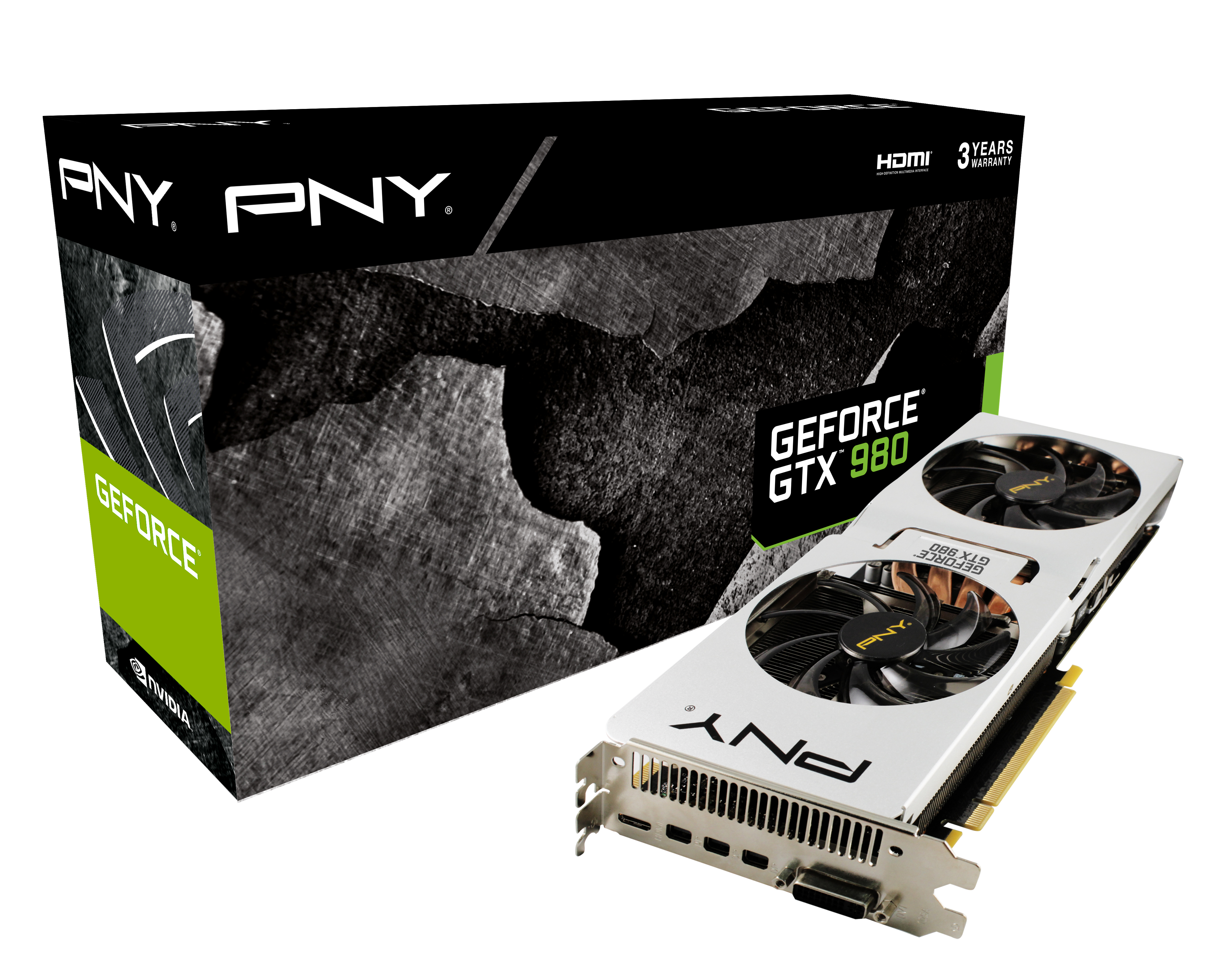 PNY GeForce GTX 980 Grafikkarte und -box. Weiße Karte mit schwarzen Lüftern. Schwarze Box mit weißem und grünem Text.