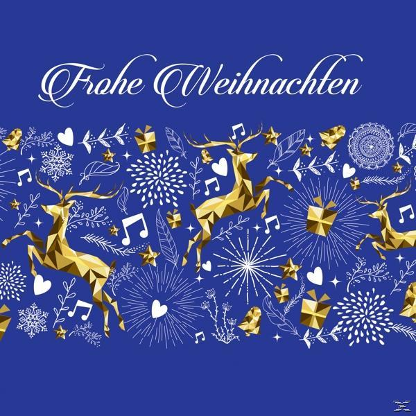 Weihnachtsgrafik mit Rentieren, Geschenken, Schneeflocken und Text 'Frohe Weihnachten' auf Blau.