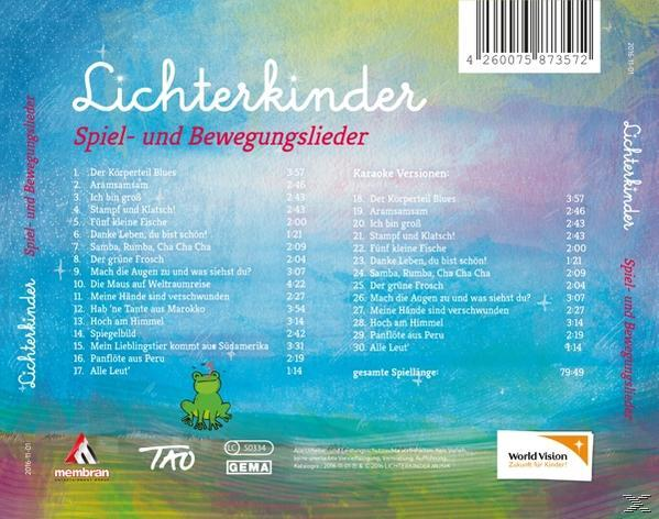 Die Rückseite einer CD-Hülle mit deutschem Text. Es hat einen bunten Hintergrund und den Titel 'Lichterkinder'.